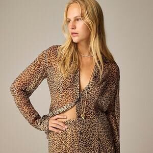 J. Crew Sheer Leopard Print Shirt Crinkle‎ Chiffon Button Up Blouse NWT Size 2